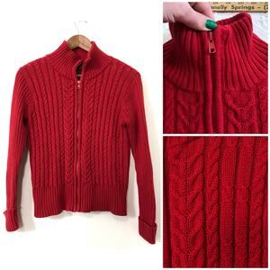 VTG 100% Cotton Cable Knit Sweater Relativity Red Zip MP Preppy 90s Fisherman